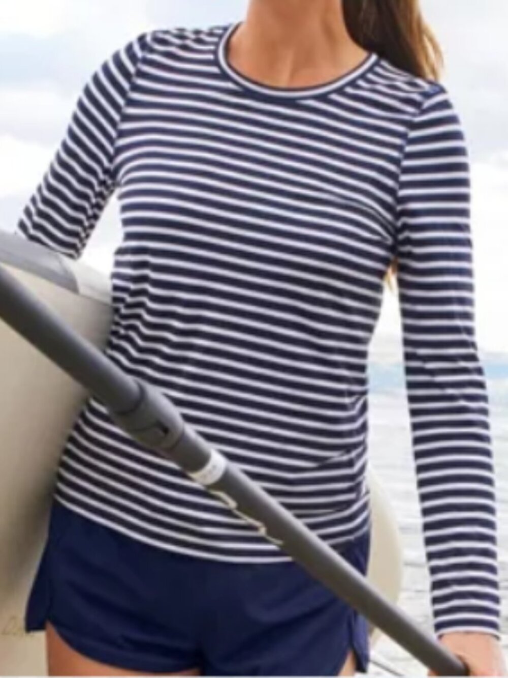 L.L. Bean SunSmart UPF 50+ Sun Shirt Long Sleeve Top Size Large. Navy/White.